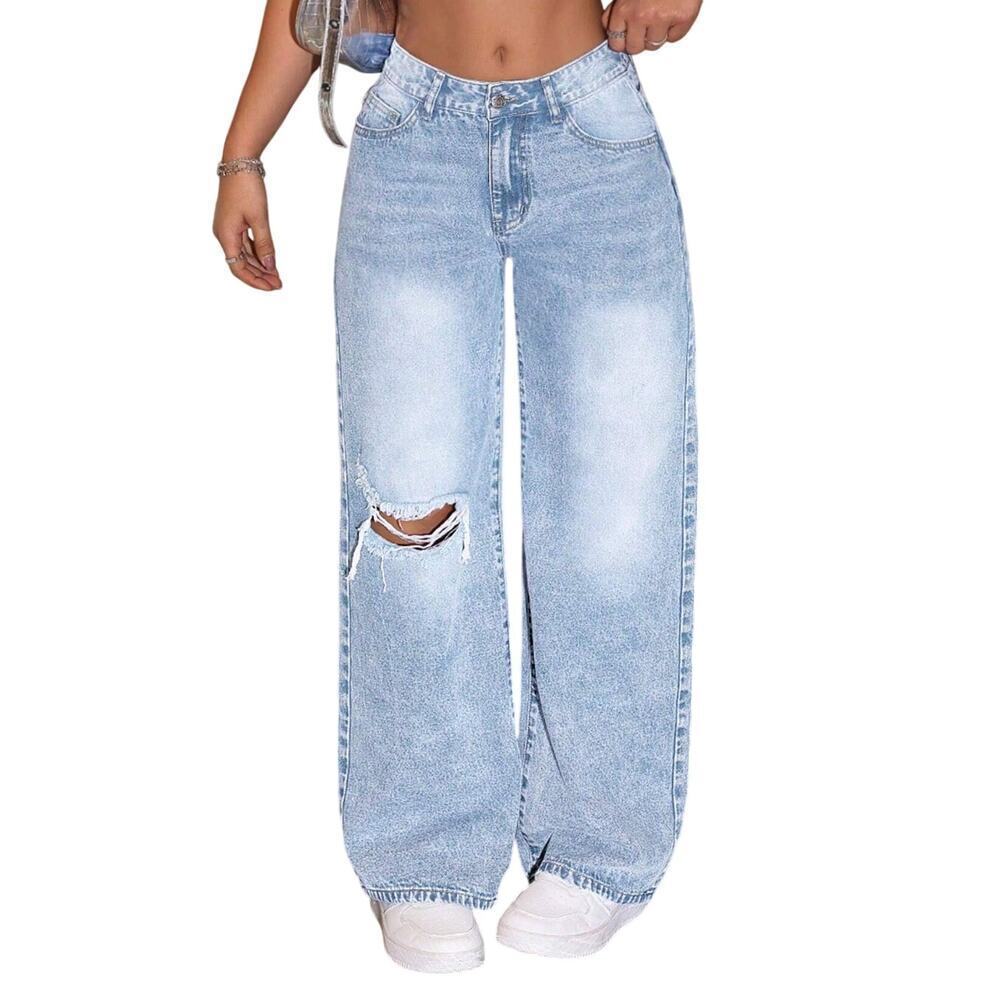 Baggy-Slim Fit Distressed Washed Denim Jeans in Blue, Size 4/28​​​